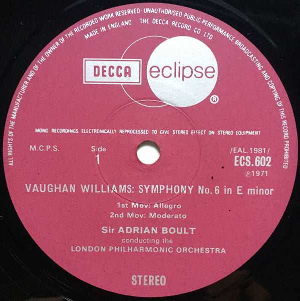 Ralph Vaughan Williams, The London Philharmonic Orchestra, Sir Adrian Boult : Symphony No. 6 (LP)