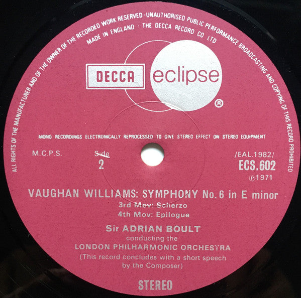 Ralph Vaughan Williams, The London Philharmonic Orchestra, Sir Adrian Boult : Symphony No. 6 (LP)