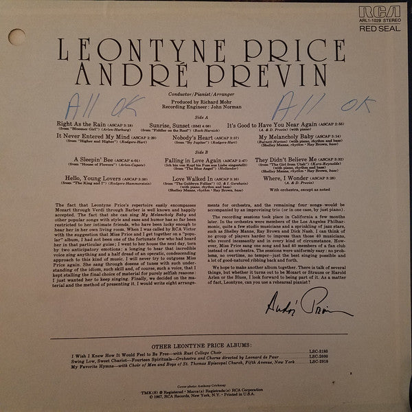 Leontyne Price, André Previn : Leontyne Price - André Previn (LP, Album, RE)