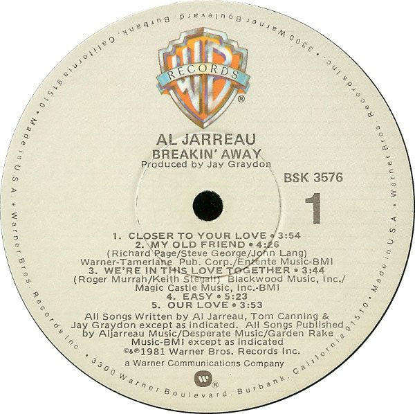 Al Jarreau : Breakin' Away (LP, Album, Jac)