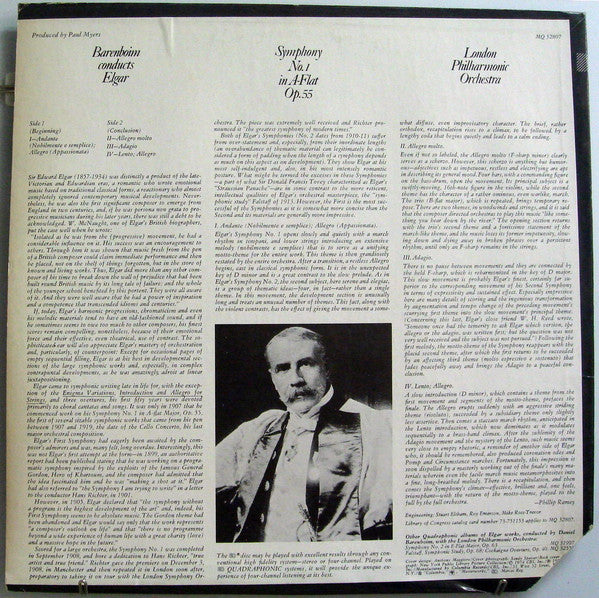 Daniel Barenboim Conducts Sir Edward Elgar, The London Philharmonic Orchestra : Symphony N°1 In A-Flat Op.55 (LP, Album, Quad)