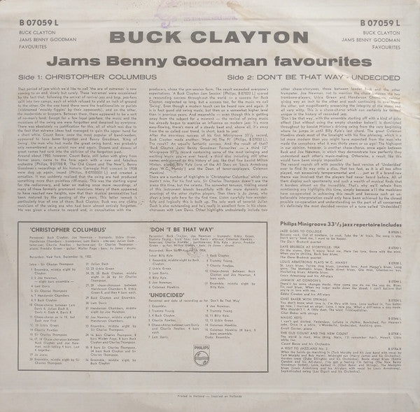 Buck Clayton With His All-Stars : Jams Benny Goodman Favourites (LP)