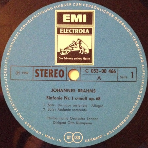 Johannes Brahms, Philharmonia Orchestra, Otto Klemperer : Sinfonie Nr. 1 C-moll Op. 68 (LP)