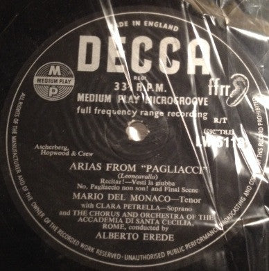 Mario del Monaco, Clara Petrella, Coro dell'Accademia Nazionale di Santa Cecilia E Orchestra dell'Accademia Nazionale di Santa Cecilia, Alberto Erede, Annamaria Anelli, Franco Ghione : Arias From "Pagliacci" And "Cavalleria Rusticana"  (10")