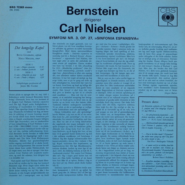 Carl Nielsen, Leonard Bernstein Conducting Det Kongelige Kapel, Ruth Guldbæk, Niels Møller : Symphony No. 3 Op. 27 "Espansiva" (LP, Mono)