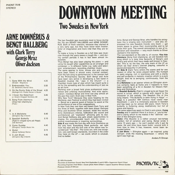 Arne Domnérus & Bengt Hallberg With Clark Terry, George Mraz, Oliver Jackson : Downtown Meeting ( Two Swedes In New York) (LP, Album)