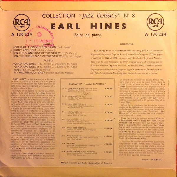 Earl Hines : Solos De Piano (10")