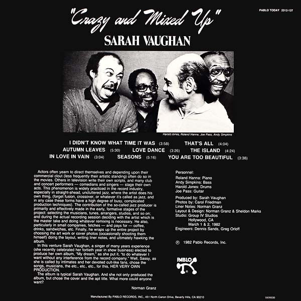 Sarah Vaughan : Crazy And Mixed Up (LP, Album, RE)