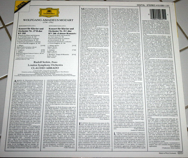 Wolfgang Amadeus Mozart  -  Rudolf Serkin, The London Symphony Orchestra & Claudio Abbado : Klavierkonzerte = Piano Concertos Nos. 27 & 8 (LP)