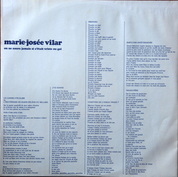 Marie-Josée Vilar : On Ne Saura Jamais Si C'Était Triste Ou Gai (LP, Album)