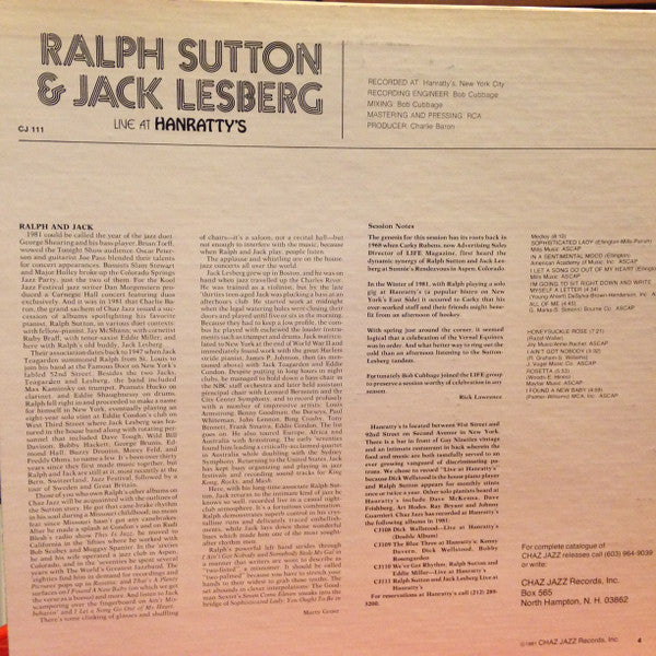 Ralph Sutton (2) & Jack Lesberg : Live At Hanratty's (LP, Album)