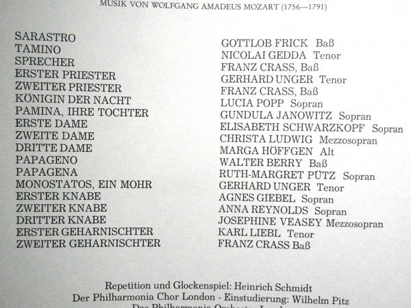 Wolfgang Amadeus Mozart / Nicolai Gedda ‧ Gundula Janowitz ‧ Walter Berry ‧ Gerhard Unger ‧ Lucia Popp ‧ Elisabeth Schwarzkopf ‧ Christa Ludwig ‧ Ruth-Margret Pütz ‧ Marga Höffgen ‧ Franz Crass ‧ Gottlob Frick ‧ Philharmonia Chorus , Einstudierung Wilhelm : Die Zauberflöte (Gesamtaufnahme) (3xLP + Box)