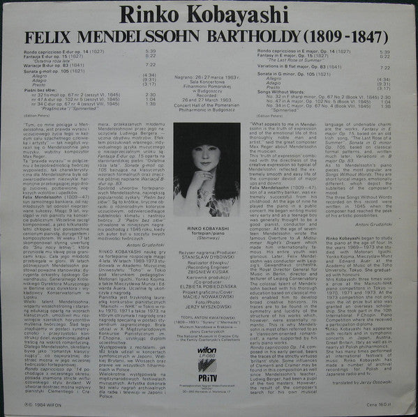 Felix Mendelssohn-Bartholdy, Rinko Kobayashi : Pieśni Bez Słów (LP, Album)