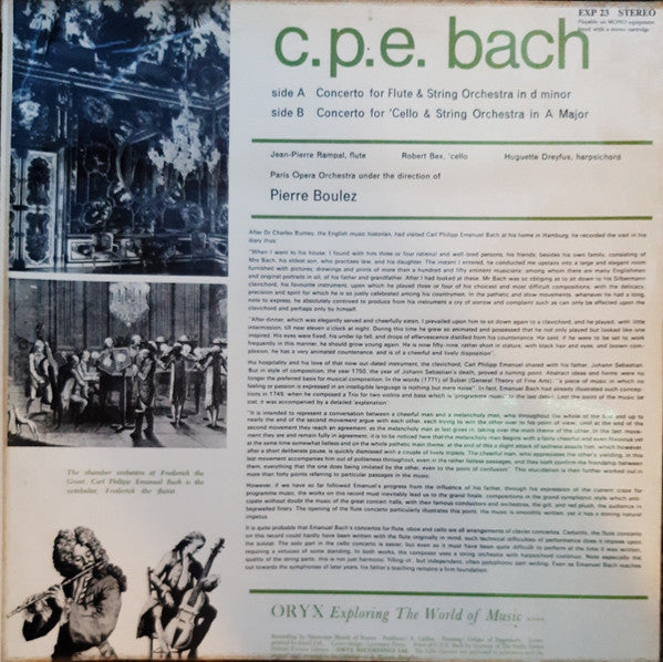 Carl Philipp Emanuel Bach / Pierre Boulez / Orchestre National De L'Opéra De Paris : Flute Concerto In D Minor & Cello Concerto In A Major (LP, Album)