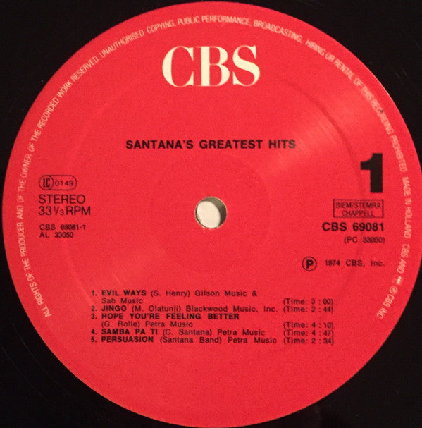 Santana : Santana's Greatest Hits (LP, Comp, RP, Red)