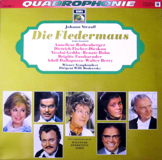 Johann Strauss Jr., Anneliese Rothenberger, Dietrich Fischer-Dieskau, Nicolai Gedda, Renate Holm, Brigitte Fassbaender, Adolf Dallapozza, Walter Berry, Wiener Symphoniker , Dirigent Willi Boskovsky : Die Fledermaus (Grosser Querschnitt) (LP, Album, Quad)