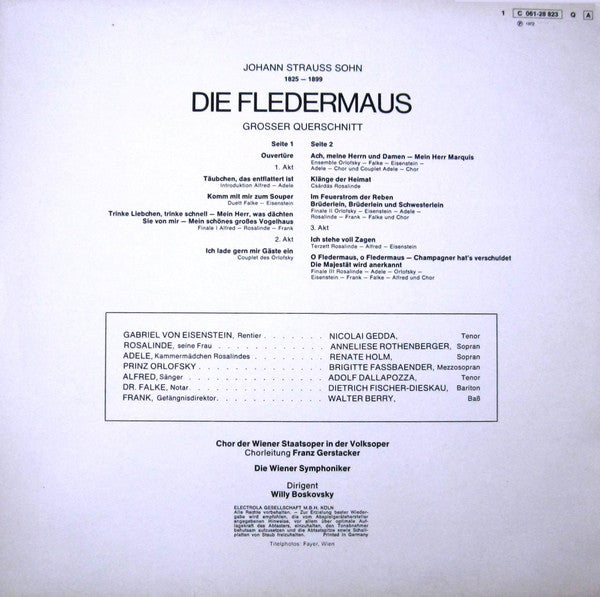 Johann Strauss Jr., Anneliese Rothenberger, Dietrich Fischer-Dieskau, Nicolai Gedda, Renate Holm, Brigitte Fassbaender, Adolf Dallapozza, Walter Berry, Wiener Symphoniker , Dirigent Willi Boskovsky : Die Fledermaus (Grosser Querschnitt) (LP, Album, Quad)