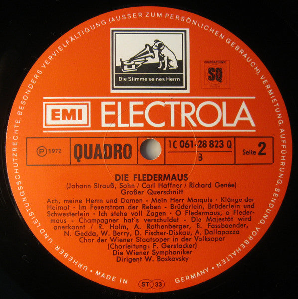 Johann Strauss Jr., Anneliese Rothenberger, Dietrich Fischer-Dieskau, Nicolai Gedda, Renate Holm, Brigitte Fassbaender, Adolf Dallapozza, Walter Berry, Wiener Symphoniker , Dirigent Willi Boskovsky : Die Fledermaus (Grosser Querschnitt) (LP, Album, Quad)