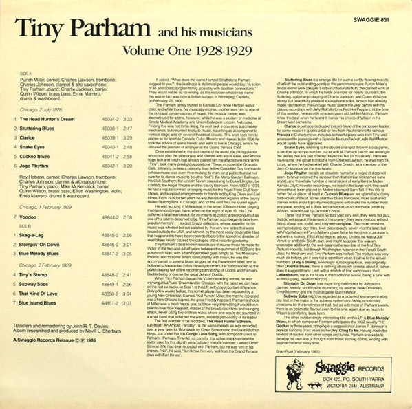 Tiny Parham And His Musicians : Volume One 1928-1929 (LP, Album, Comp, Mono)