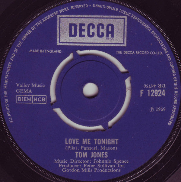 Tom Jones : Love Me Tonight / Hide And Seek (7", Single)