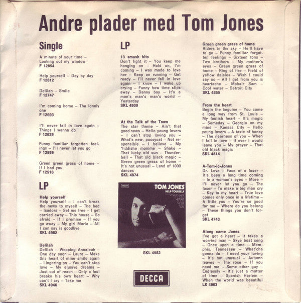 Tom Jones : Love Me Tonight / Hide And Seek (7", Single)