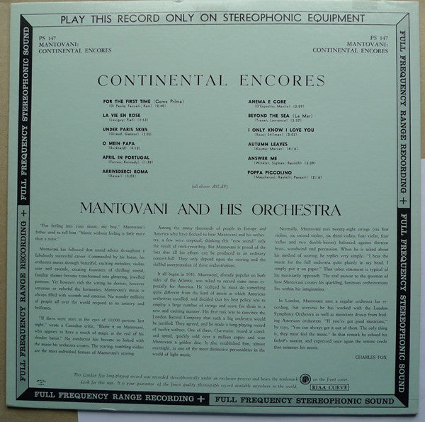 Mantovani And His Orchestra : Mantovani Continental Encores (LP)