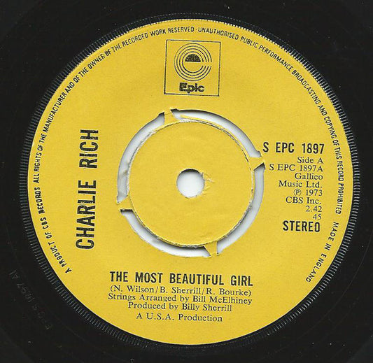 Charlie Rich : The Most Beautiful Girl (7", Single, Kno)