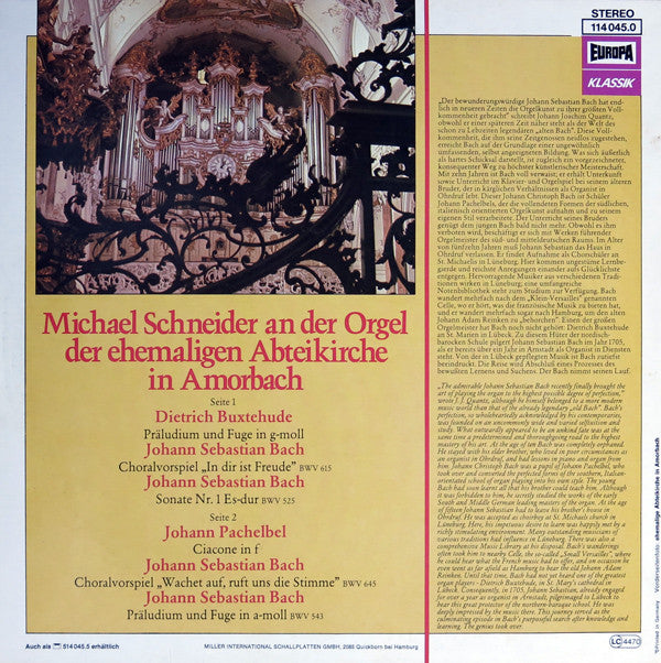 Dieterich Buxtehude, Johann Sebastian Bach, Johann Pachelbel ; Michael Schneider (3) : Michael Schneider An Der Orgel In Amorbach (Werke Von Buxtehude Bach Pachelbel) (LP)