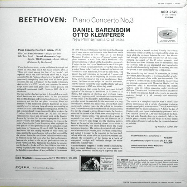 Ludwig van Beethoven / Daniel Barenboim ‧ Otto Klemperer ‧ New Philharmonia Orchestra : Piano Concerto No. 3 (LP, RP)