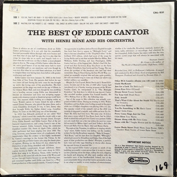 Eddie Cantor With Henri René And His Orchestra, The Bill Thompson Singers : The Best Of Eddie Cantor (LP, Comp, RE)