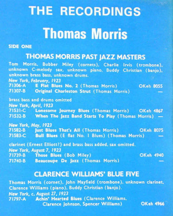 Thomas Morris With His Past Jazz Masters And Clarence Williams' Blue Five : Complete Set Of 1923 Recordings (LP, Comp)