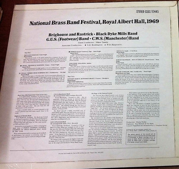 The Brighouse And Rastrick Brass Band, The Black Dyke Mills Band, The G.U.S. Footwear Band, CWS (Manchester) Band Guest Conductor Vilem Tausky Associate Conductors Stanley H. Boddington, Walter Hargreaves : National Brass Band Festival, Royal Albert Hall, 1969 (LP, Comp)