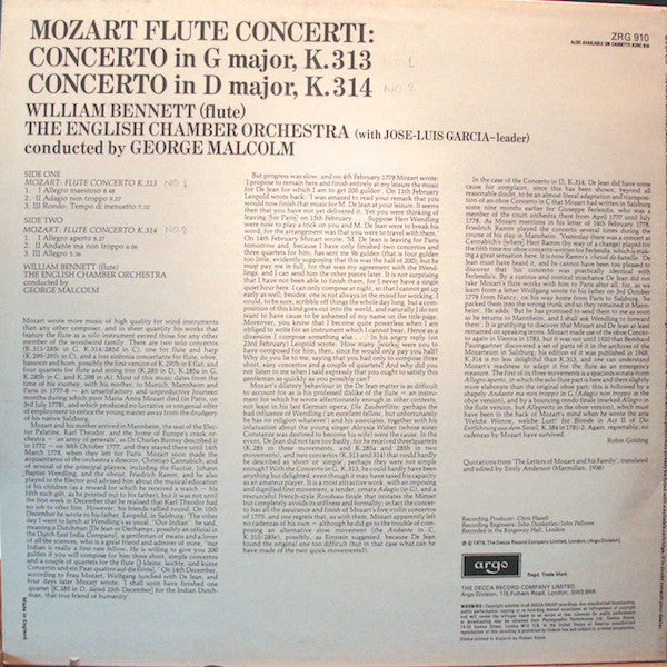 Wolfgang Amadeus Mozart, William Bennett (3), English Chamber Orchestra, George Malcolm : Flute Concerti (Concerti In G Major K.313 & D Major K.314) (LP)