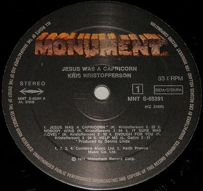 Kris Kristofferson : Jesus Was A Capricorn (LP, Album, RE)