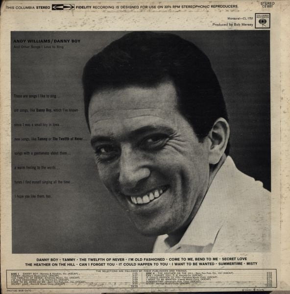 Andy Williams : "Danny Boy" And Other Songs I Love To Sing (LP, Album)