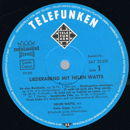 Helen Watts / Johannes Brahms • Robert Schumann • Gustav Mahler / Irwin Gage : Ein Liederabend (LP)