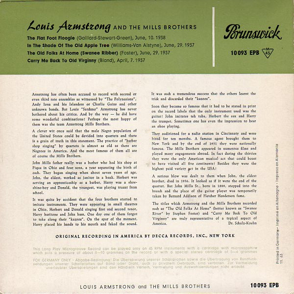 Louis Armstrong And The Mills Brothers : Louis Armstrong And The Mills Brothers (7", EP, RE)