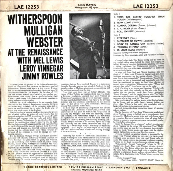 Jimmy Witherspoon, Gerry Mulligan, Ben Webster : Witherspoon, Mulligan, Webster At The Renaissance (LP, Album, Mono)