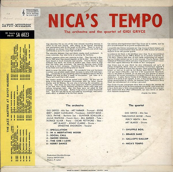 The Gigi Gryce Orchestra And The Gigi Gryce Quartet : Nica's Tempo (LP, Album, RE)