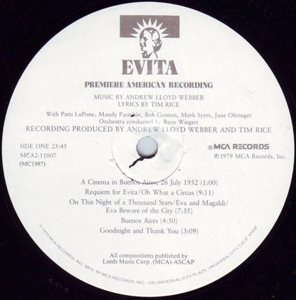 Andrew Lloyd Webber And Tim Rice : Evita: Premiere American Recording (2xLP, Album, Pin)