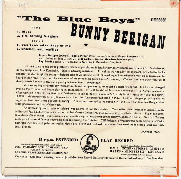 Bunny Berigan And His Blue Boys : The Blue Boys (7", EP)