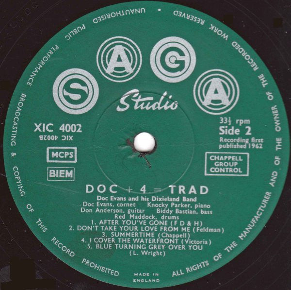 Doc Evans And His Dixieland Band : "DOC" + 4 = TRAD (LP, Album)