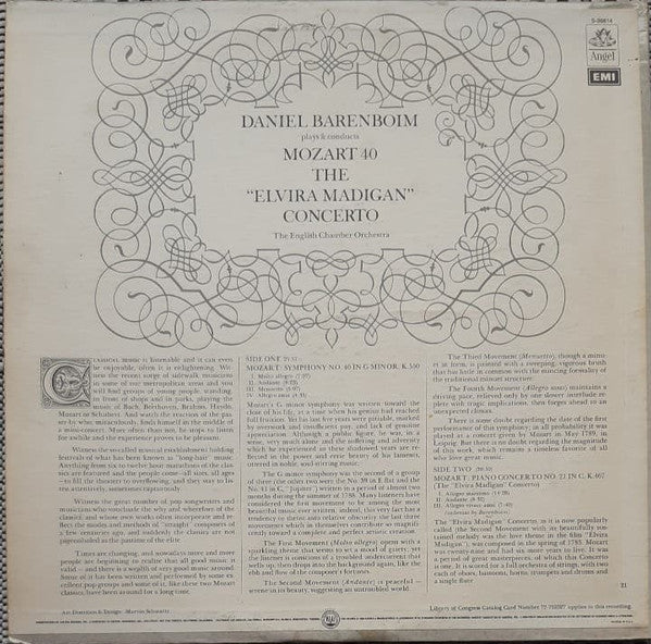 Wolfgang Amadeus Mozart - Daniel Barenboim plays/conducts English Chamber Orchestra : Mozart 40 (Symphony No. 40 In G Minor); The "Elvira Madigan" Concerto (No. 21 In C) (LP, Comp)