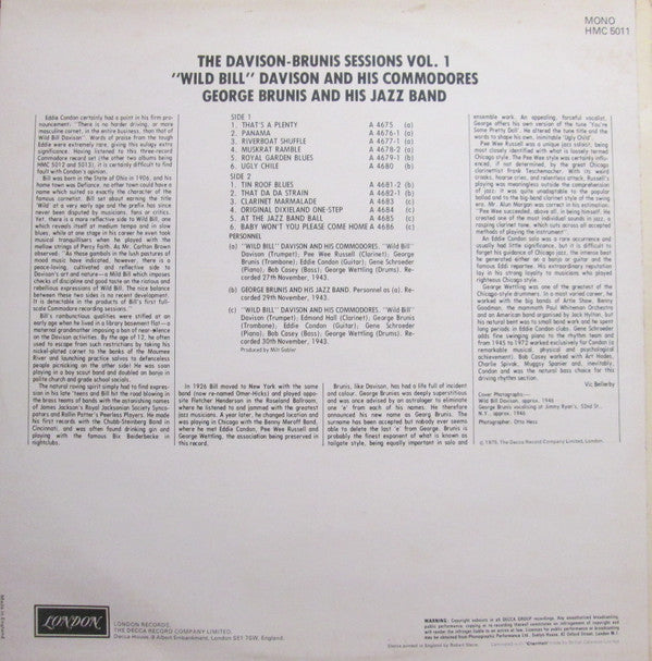 Wild Bill Davison And His Commodores, George Brunies And His Jazz Band : The Davison-Brunis Sessions Vol. 1 (LP, Comp, Mono)