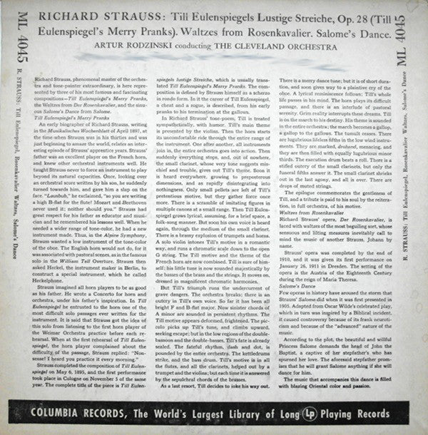 Richard Strauss - Artur Rodzinski Conducting The Cleveland Orchestra : Till Eulenspiegels Lustige Streiche ‧ Waltzes From Der Rosenkavalier ‧ Salome's Dance (LP, Album, Mono)