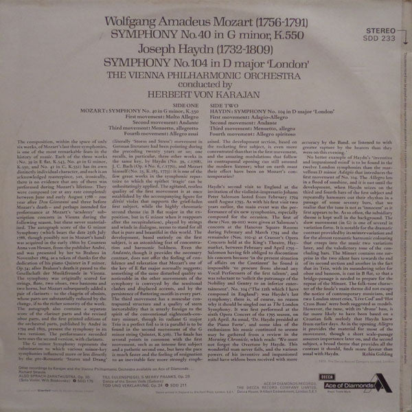 Wolfgang Amadeus Mozart / Joseph Haydn - Wiener Philharmoniker, Herbert Von Karajan : Mozart: Symphony No. 40/Haydn: Symphony No. 104 (LP, Album)