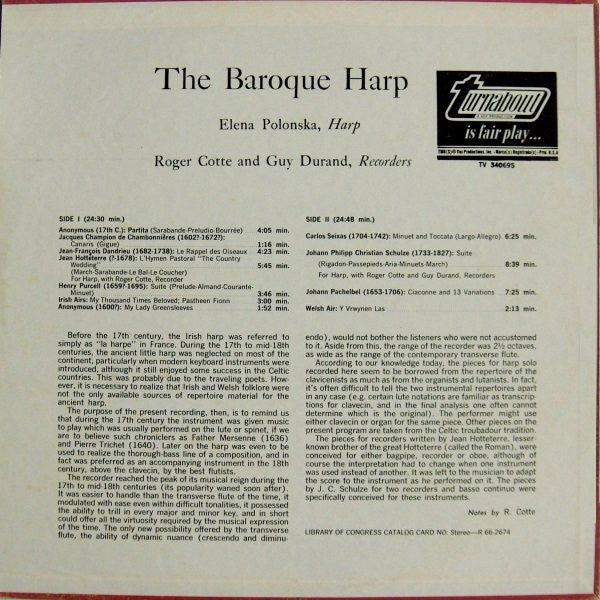 Henry Purcell, Johann Pachelbel, Carlos Seixas, Jean Hotteterre, Jean-François Dandrieu - Elena Polonska, Roger Cotte And Guy Durand : The Baroque Harp (LP, Album, RE)