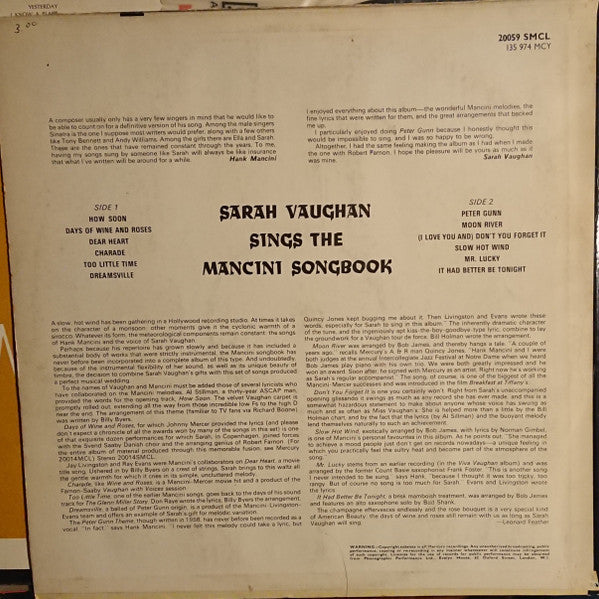 Sarah Vaughan : Sings The Mancini Songbook (LP, Album)