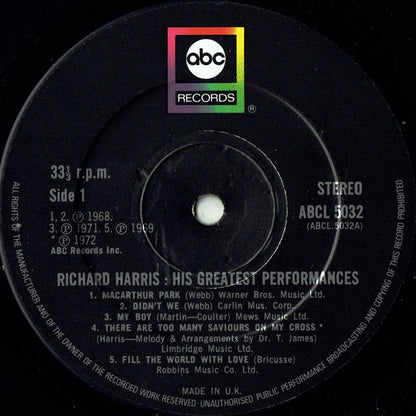 Richard Harris : His Greatest Performances (LP, Album, Comp, RE)