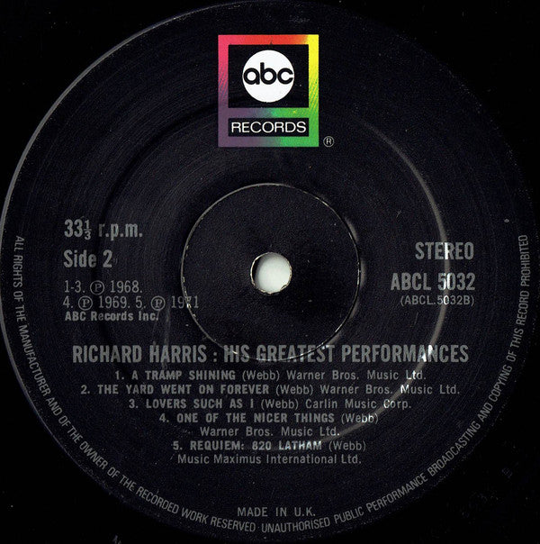 Richard Harris : His Greatest Performances (LP, Album, Comp, RE)